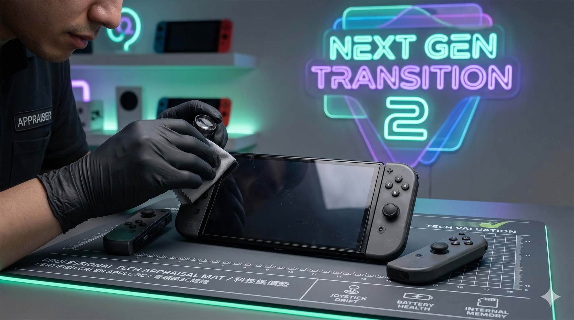 專業職人於實體門市檢測即將汰換的二手 Switch OLED 主機與 Joy-Con 控制器，準備迎接 Switch 2 換代潮
